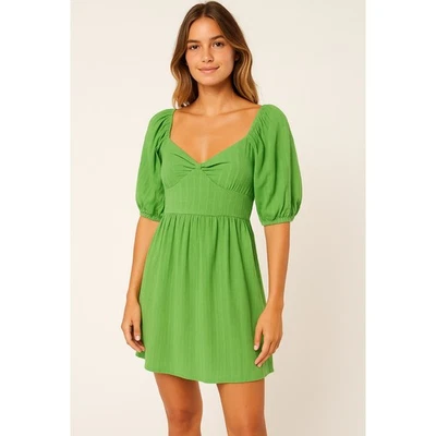 Billabong SOL Puff Sleeve Mini Dress Green Small NWT A Line Boho Chic - Image 1 of 4