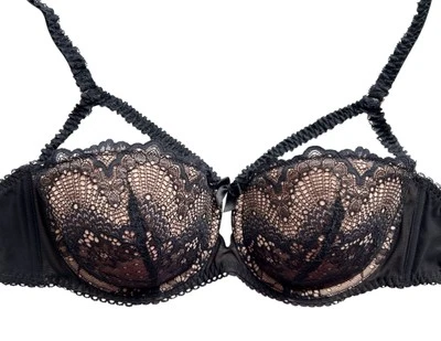 36DD ADORE ME Stunning Black Nude Bra Bow Flattering Fit Scalloped Lace Lingerie - Image 1 of 4