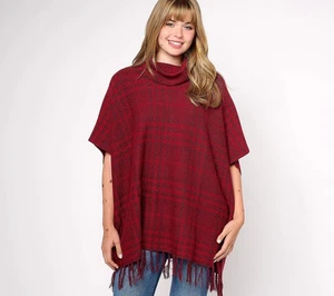 Denim & Co. Sz XS/S Plaid Jacquard Cowl Neck Poncho with Fringe Hem WINE A624151 - Picture 1 of 4