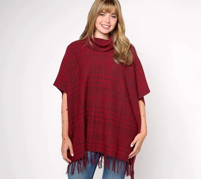 Denim & Co. Sz XS/S Plaid Jacquard Cowl Neck Poncho with Fringe Hem WINE A624151 - Image 1 of 4