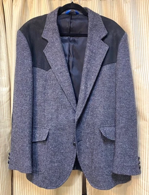 Pendleton Western Jacket Men's Size 44 Herringbone Wool Suede Gray Vintage 70s - Image 1 of 4