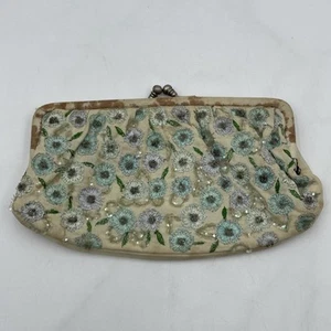 VTG Floral Evening Bag Clutch Cream Embroidered Flowers Tulle Wallet Coquette - Picture 1 of 10