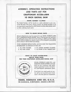 Sears Craftsman Radial Arm Saw Manual No.113.29401 - Picture 1 of 3
