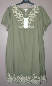M&S PER UNA PURE COTTON EMBROIDERED V-NECK TUNIC DRESS SIZE 8 REG KHAKI - NEW - Picture 1 of 4