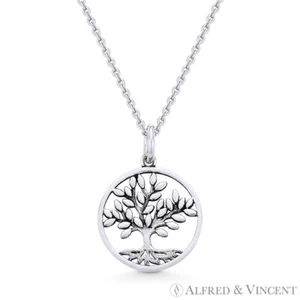 Antique-Finish Tree-of-Life Charm .925 Sterling Silver Pendant & Chain Necklace - Picture 1 of 1