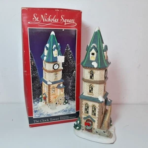 St. Nicholas Square Christmas Village Clock Tower, 11" Tall, Working Light - Picture 1 of 12
