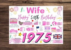 Glückwunschkarte FRAU 50. Geburtstag 1975 Erinnerungen Geburtsjahr Fakten rosa - Bild 1 von 9