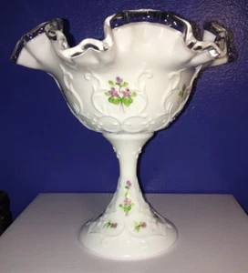 Vintage Fenton Milk White Floral Painted Clear Ruffled Compote Signed Vase Bowl  - Picture 1 of 5