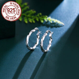 Real 925 Sterling Silver Twisted Huggie Hoop Earrings Women Accessories Jewelry