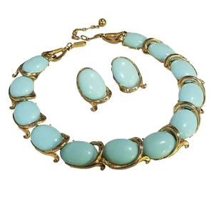Crown Trifari Aqua Robins Egg Blue Bolero Collar Necklace Earrings Set 1955 - Picture 1 of 8