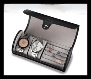 Herren/Damen Schwarz PU Leder Uhr Manschettenknöpfe Armband Ring Reise Tragetasche - Bild 1 von 6