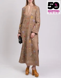 RRP€1250 TORY BURCH Silk Maxi Kaftan Dress Size XS Embroidered Beads Slub Yarn - Picture 1 of 8