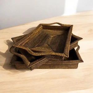 Rattan Wicker Handwoven Wood SET OF 3 Stacking Serving Tray With Handles - Picture 1 of 12