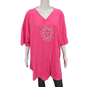 Vintage Harmony Womens V-Neck Top w Embroidery 3X Plus Size Pink Cotton Shirt - Picture 1 of 12