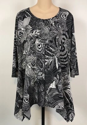 Sunny Leigh Sharkbite Top Womens Large Black White Floral Print Front Dart Artsy - Image 1 of 4