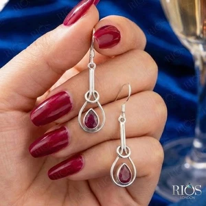 Sterling Silver Ruby Earrings, Red Teardrop Dangle Jewellery Gift Boxed - Picture 1 of 10