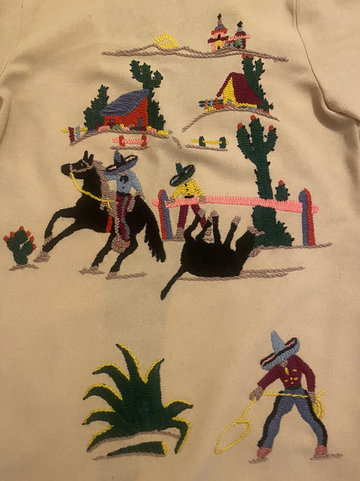 Винтажный 1950-х Лопес желтовато-коричневый бежевый мексиканский сувенирная куртка маленький корриды сцены - Изображение 1 из 4
