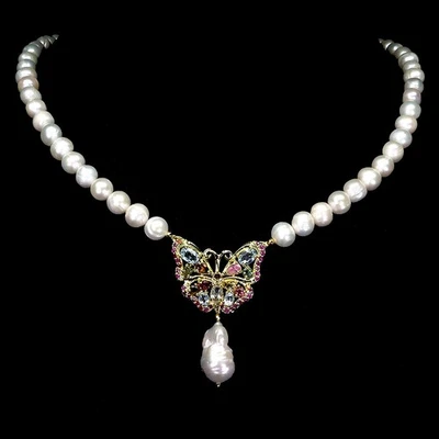 925 Sterling Silver Necklace Oval Topaz Pearl Tourmaline Gemstone Butterfly 19in - Image 1 of 4