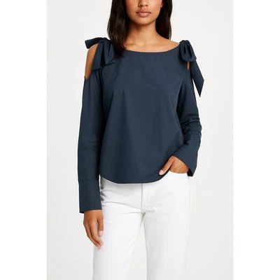 Blusa de algodón con lazo y hombros fríos con marco azul marino talla M nueva sin etiquetas Foto 1 de 4