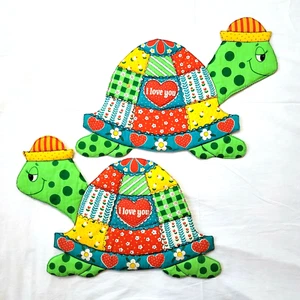 2 Vintage Quilted Patchwork Turtle Wall Hangings Retro Nursery I Love You 19x15 - Picture 1 of 9