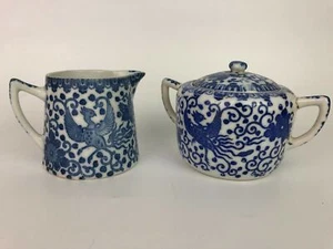 Piccola crema e zucchero porcellana fenice blu e bianca Giappone vintage - Foto 1 di 10