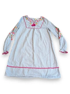 Mini Boden Swim Cover Up Dress Blue White Striped Embroidered Floral Girls 11-12 - Picture 1 of 6