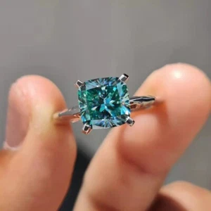 Anillo de compromiso solitario moissanita corte cojín azul cian de 3 quilates oro blanco de 14 quilates - Imagen 1 de 9
