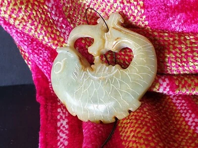 Old Chinese Carved Fish Pendant on Cord in Pale Greenstone Jade …beautiful col - image 1 of 4
