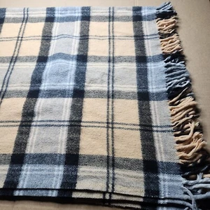 Faribo Blue Plaid Stadium Throw Blanket Fringe Faribault Woolen Mills 54x54” - Picture 1 of 6