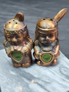 Indian Chief & Papoose Yellowstone Park Souvenir Pot Metal Salt & Pepper Shakers - Picture 1 of 14