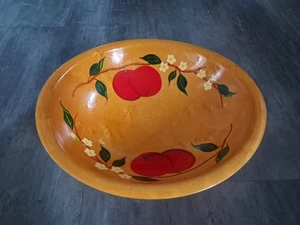 Vintage Munising Footed Wood Fruit Dough Bowl with Hand Painted Apple Design 12" - Picture 1 of 5