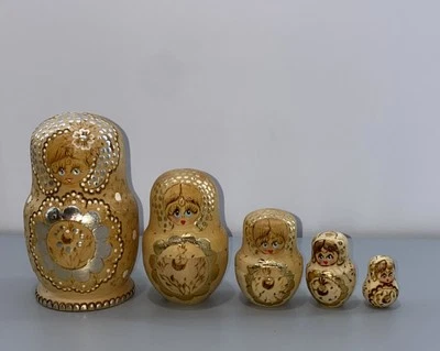 Muñecas rusas de madera pirográfica matrioska hechas a mano 5 doradas plateadas doradas de colección Foto 1 de 4