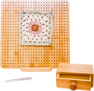 "Tablero de bloqueo de ganchillo de 11,8"" - Alfombrilla de bloqueo de bambú con 10 pasadores, soporte y almacenamiento" Foto 1 de 4