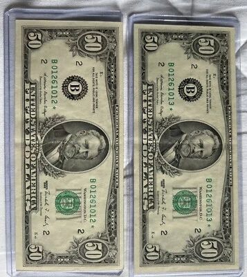 1988  US Fifty Dollar Bills Uncirculated 2 Star Notes Consecutive Serial #BONY - Image 1 of 2