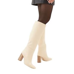 MANGO Women's Off White Cream Leather Knee High Boots animal print heel Sz 39