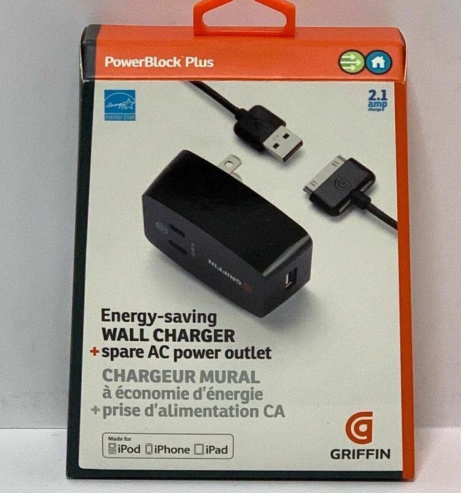 Cargador de pared Griffin 2.1A Apple cable de datos de 30 pines para iPhone 4S/4 iPad 3/2/1 Foto 1 de 4