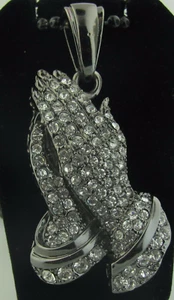 PRAYING HAND FULL CZ GUN METAL BLACK CHARM WITH GUN METAL 36 inches FRANCO CHAIN - Picture 1 of 7