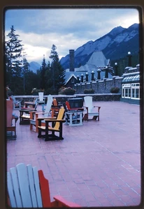Vtg 1962 35mm Slide - Banff BC Ski Resort Patio & Mountain Scenery - Kodachrome - Picture 1 of 1