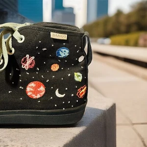 Bangs Black Planets Hightop Canvas Rubber Sole Lace Up Shoes Women 8 Men 6.5 - Picture 1 of 13