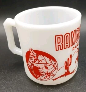 Vintage RANGER JOE Milk Glass Childs Mug, Red, 1950s, Hazel Atlas - Picture 1 of 7