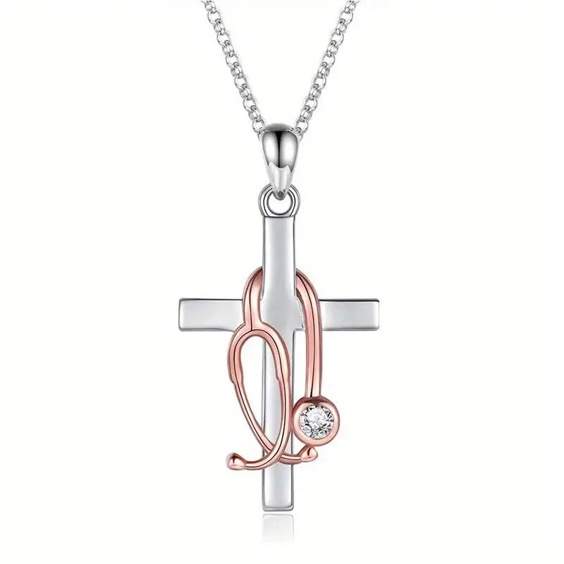 Стетоскоп крест инкрустация кристалл подвеска ожерелье розовое золото медсестра врач подарок - Изображение 1 из 1