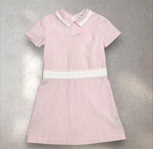 Pink Seersucker Brooks Brothers Girl’s Dress Cotton Eyelet Trim Short Sleeve 8 - Picture 1 of 8