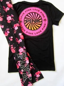 BLING Victoria Secret Pink NEON FLORAL OMBRE PALM TEE T SHIRT LEGGING PANT M SET - Picture 1 of 13