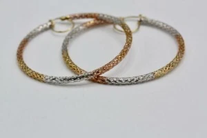 14K Tri Color Gold Diamond Cut Design Perforated 56mm Hoop Earrings 5.4 Grams - Picture 1 of 6