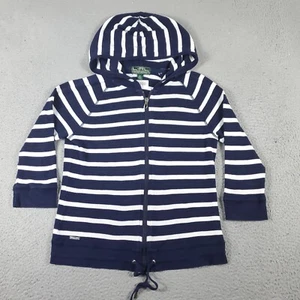Ralph Lauren Sweater Girls Medium Blue Striped Full Zip Up Hoodie Sweatshirt - Picture 1 of 9