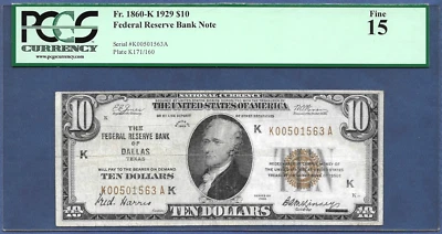 "KEY" NOTE!!!   1929  $10 FRBN  ♚♚ DALLAS ♚♚  PCGS FINE 15 - Image 1 of 2
