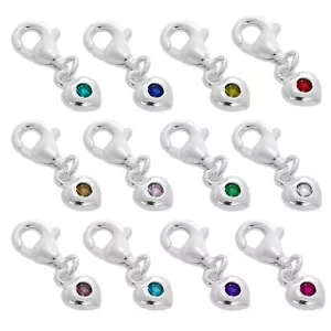 Sterling Silver & CZ Crystal Birthstone Heart Clip-On Charm Birthday Love - Picture 1 of 39