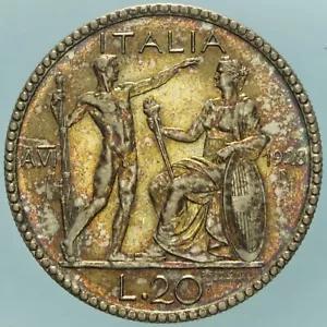 VITTORIO EMANUELE III 20 LIRE LITTORE A. VI LITTORE PATINA IRIDESCENTE qFDC - Foto 1 di 2