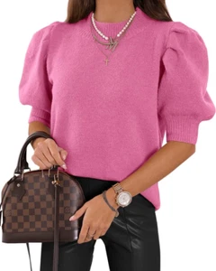 Women'S Puff Short Sleeve Sweater Tops 2025 Spring Summer Trendy Crew Neck Casua - Picture 1 of 12