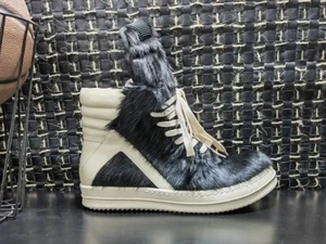 Size 11 New Rick Owens Geo Basket Fur High Top Sneaker Milk - Picture 1 of 5